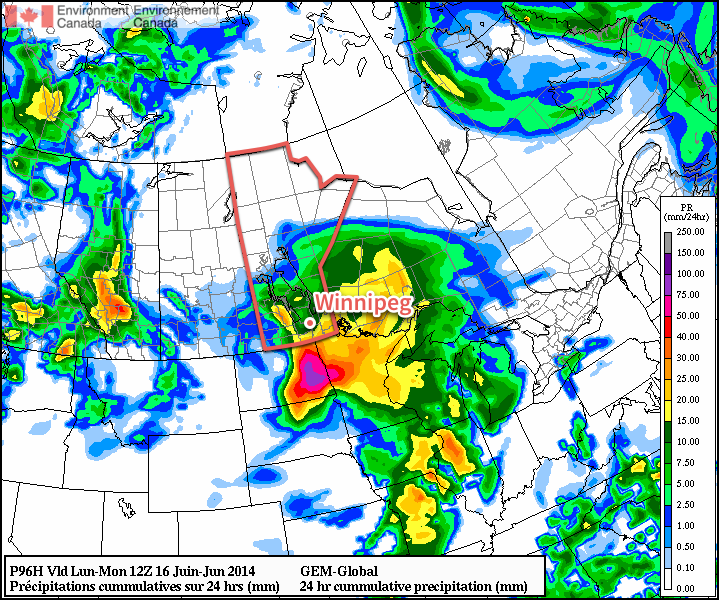 The GDPS is forecasting a very wet Sunday with 10-20mm of rain through many areas of Southern Manitoba.