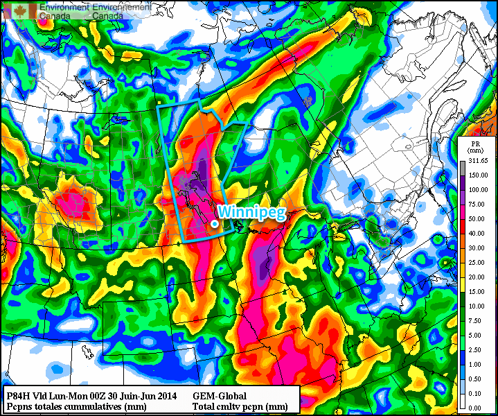The GDPS is forecasting over 100mm of rain through Manitoba with the upcoming system. We probably won't see that much. Probably.