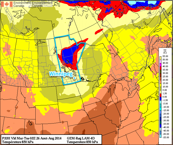 Forecast 850mb temperatures for this afternoon show a trough of cold air anchored over Manitoba.