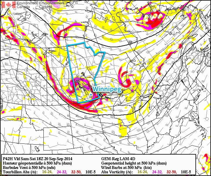 This map of a feature called vorticity – essentially a measure of spin – shows a potent shortwave moving across Southern Manitoba on Saturday afternoon.