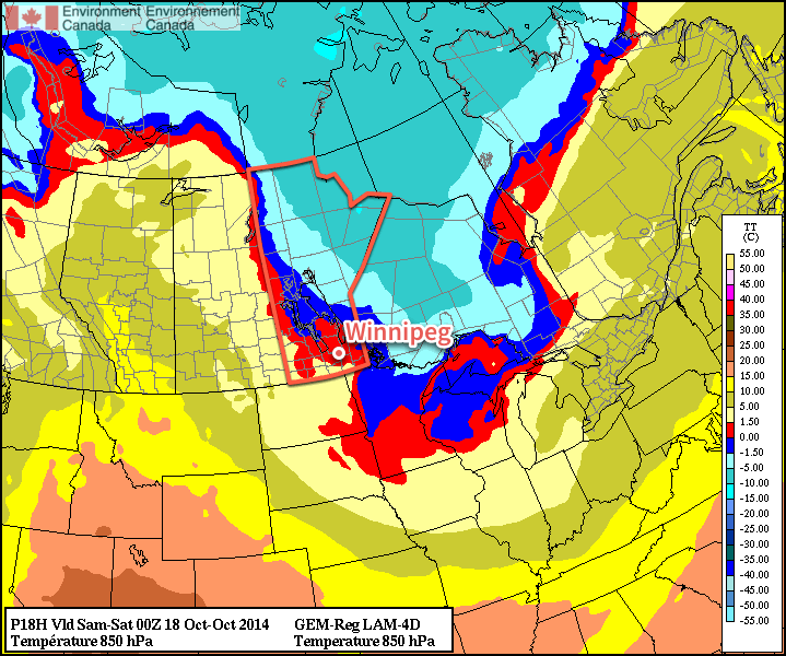 This animation of 850mb temperatures (running from Friday evening to Saturday evening) shows warmer air pushing eastwards into Manitoba.