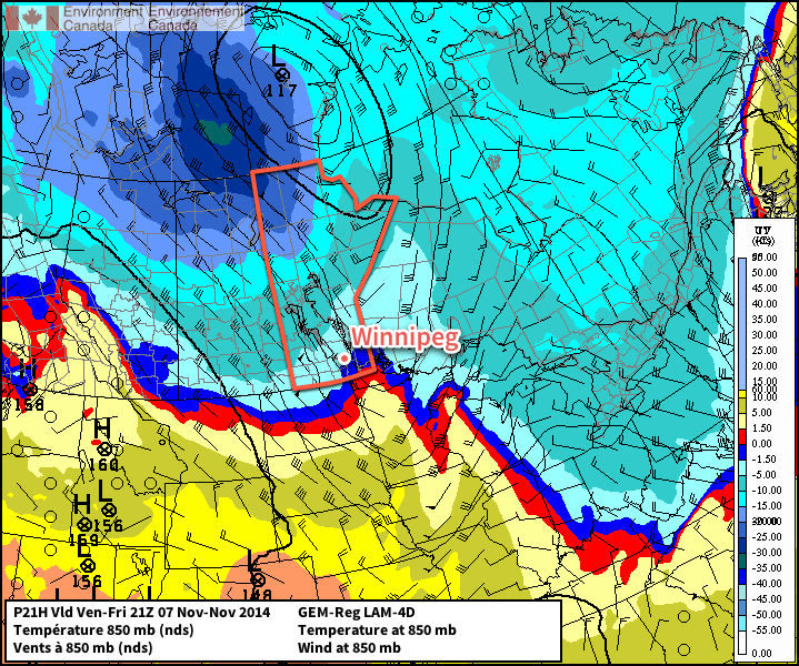 This map of 850mb winds and temperatures shows a potent cold front pushing through Southern Manitoba this afternoon.