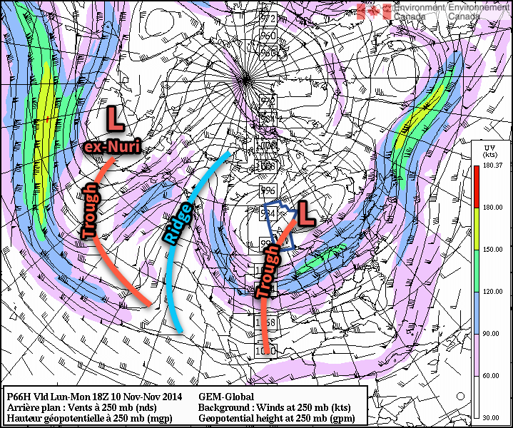 The GDPS shows prominent ridging over the west coast of North America, resulting in a deep upper-level trough over central & eastern North America.
