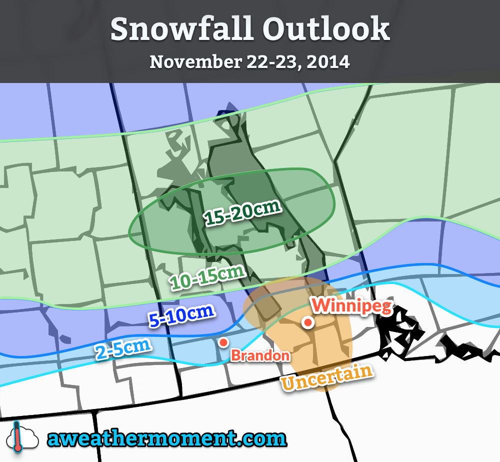 A Weather Moment snowfall forecast for November 22-23, 2014. Up to 20cm of snow is possible through portions of Southern Manitoba.
