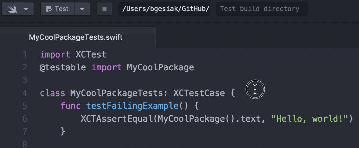 Click "Test" on the Swift toolbar to run a Swift package's tests