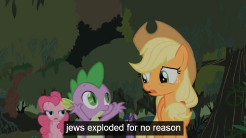 Screenshot van een automatisch ondertitelde YouTube video. Je ziet een onschuldige scene uit een tekenfilm en de ondertitel luidt: "Jews exploded for no reason.