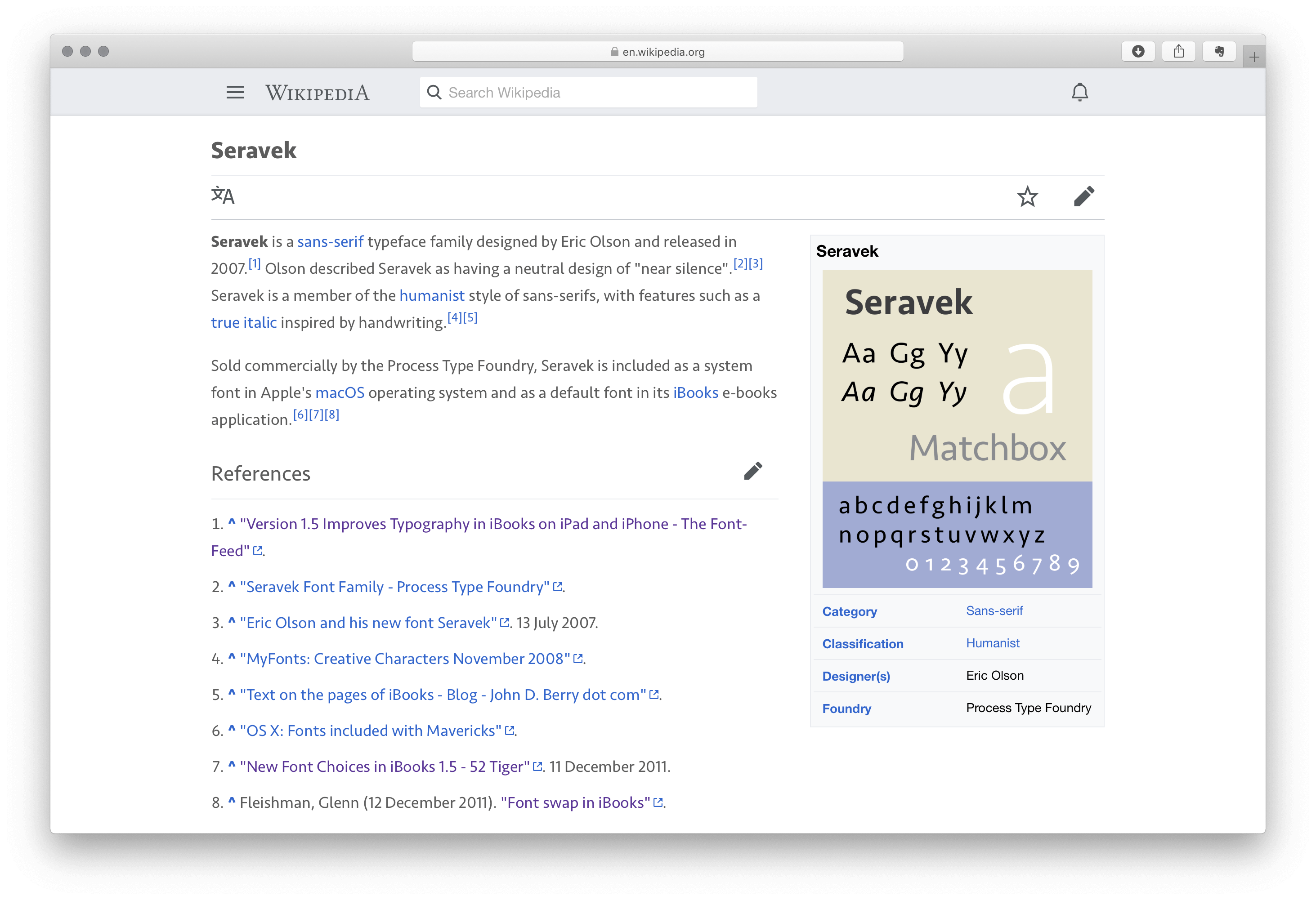 用 Seravek 字体显示的维基百科