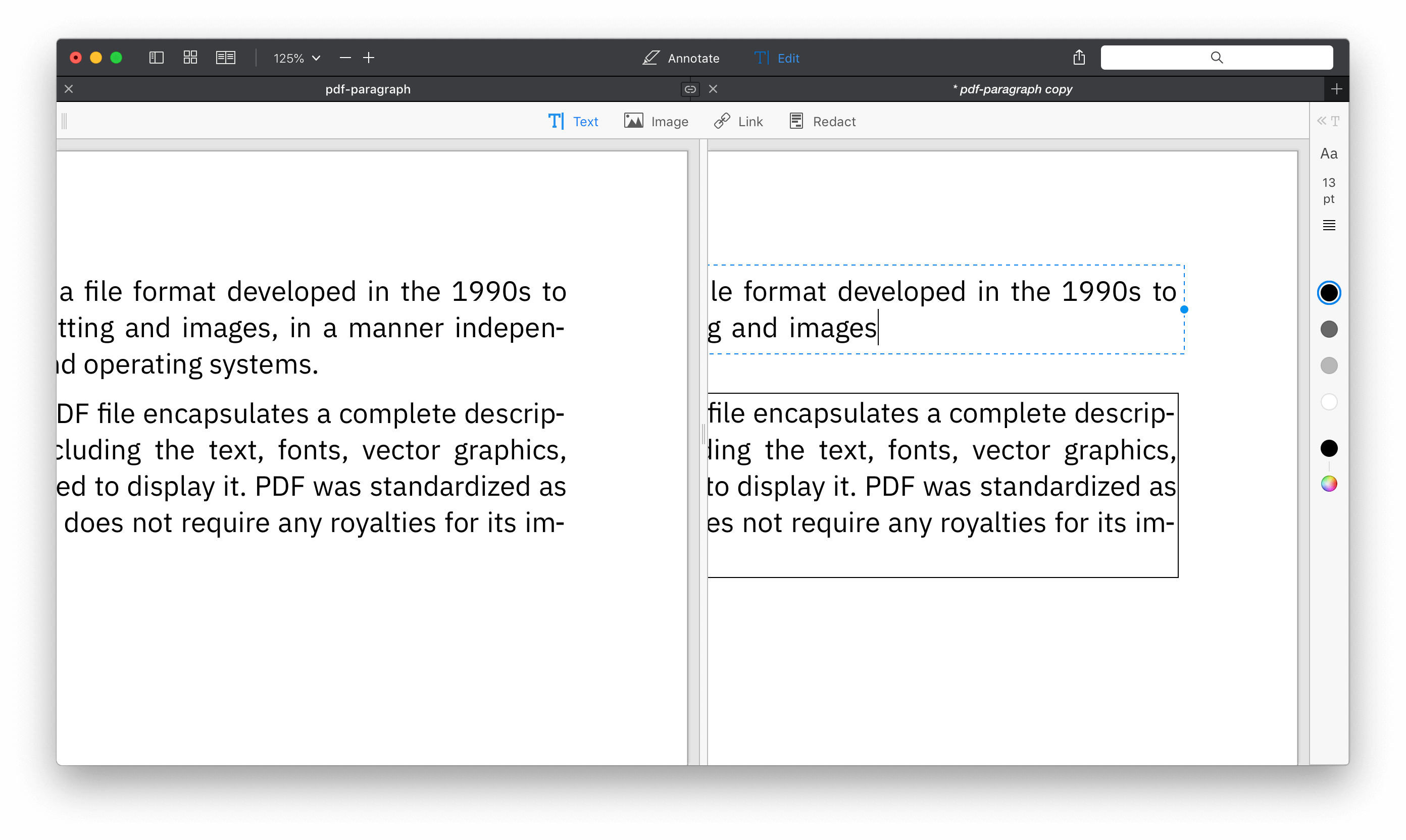 用 PDF Expert 删除一段文字，后面的段落无法自动补齐空隙