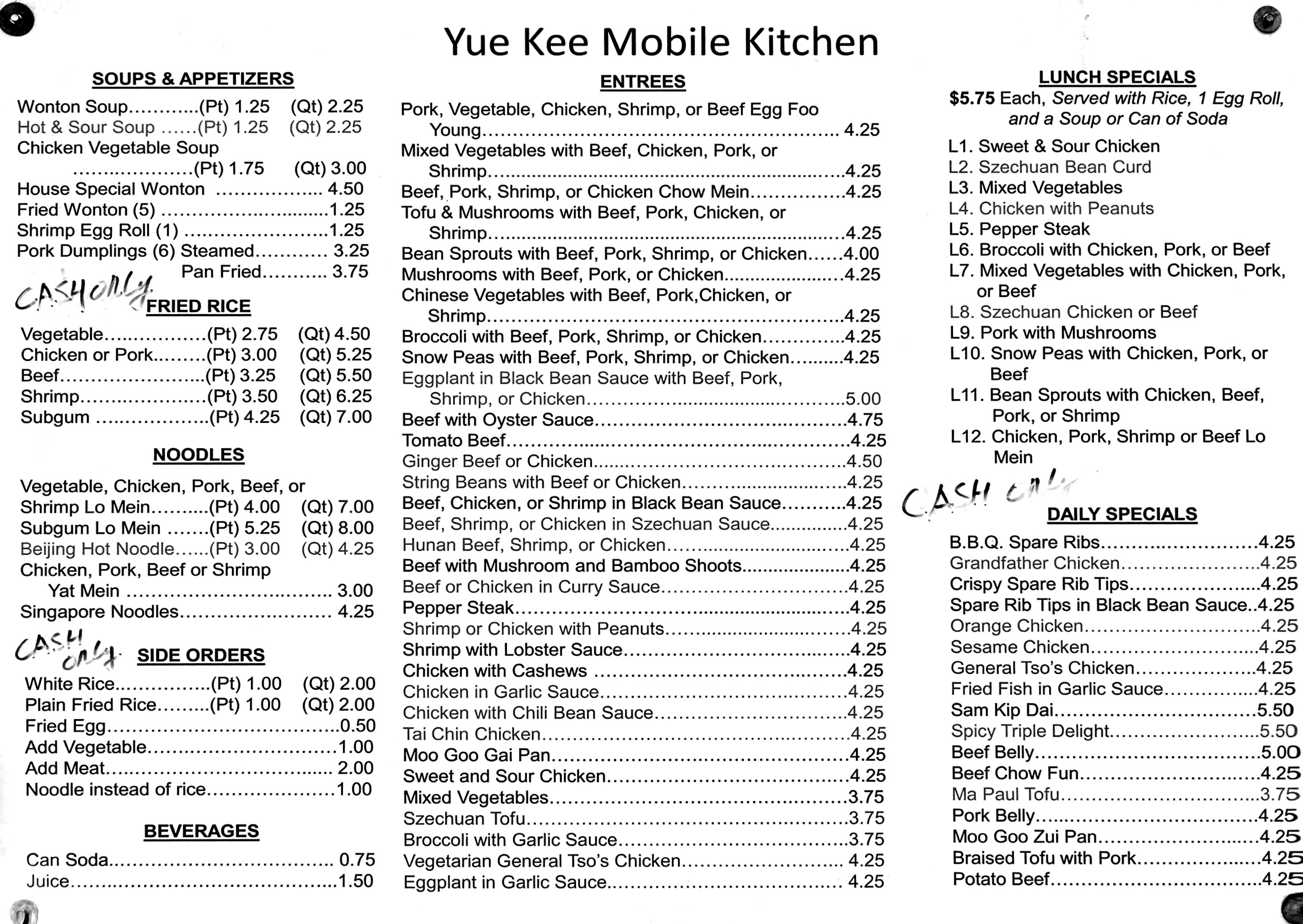 费城一家路边中国餐车的价目表，可以看到有荤菜的选项都在 6 美元以上