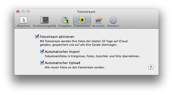 Photo Stream import settings in iPhoto (German)