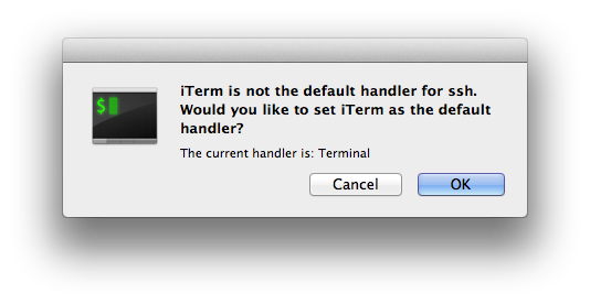 Screenshot of iTerm2 asking for confirmation to set itself up as the default SSH handler